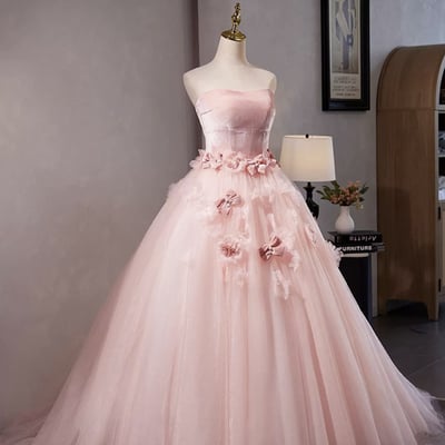 Pink velvet tulle a-line prom dress with flowers, lovely strapless evening sweet 16 dress - Thumbnail 1