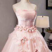 Pink Velvet Tulle A-Line Prom Dress with Flowers, Lovely Strapless Evening Sweet 16 Dress - Thumbnail 1