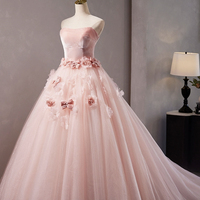 Pink Velvet Tulle A-Line Prom Dress with Flowers, Lovely Strapless Evening Sweet 16 Dress - Thumbnail 3