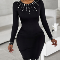 Black Beaded Long Sleeved Dress - Thumbnail 1