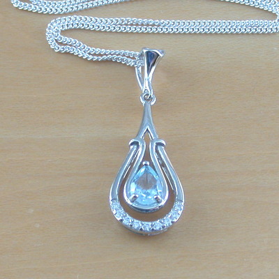 Sterling silver blue topaz & cz pendant & chain/blue topaz necklace/topaz jewellery/topaz jewelry/november birthstone/uk