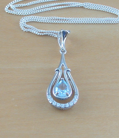 Sterling Silver Blue Topaz & Cz Pendant & Chain/Blue Topaz Necklace/Topaz Jewellery/Topaz Jewelry/November Birthstone/UK
