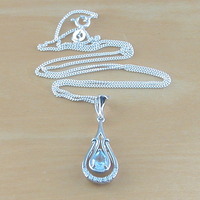Sterling Silver Blue Topaz & Cz Pendant & Chain/Blue Topaz Necklace/Topaz Jewellery/Topaz Jewelry/November Birthstone/UK - Thumbnail 1