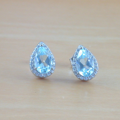 Sterling silver blue topaz & cz stud earrings/topaz earrings/topaz jewellery/topaz jewelry/gemstone earrings/november birthstone/uk - Thumbnail 5