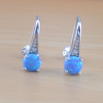 Sterling silver blue opal & cz earrings/blue opal hook earrings/opal earrings/opal jewellery/opal jewelry/october birthstone/uk