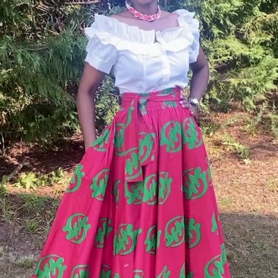 Pink & green gye nyame skirt set w/ head wrap 