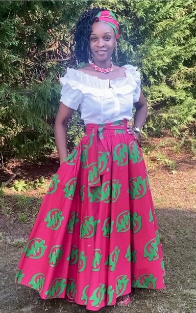 Pink & Green Gye Nyame Skirt Set w/ Head wrap 