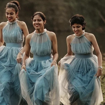 Gray blue bridesmaid dresses high neck