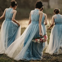Gray Blue Bridesmaid Dresses High Neck - Thumbnail 1