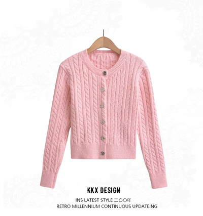 Crew Neck Single Breasted Cable Knit Sweater