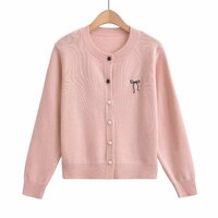 Sweet preppy style bow embroidered knitted cardigan sweater - Thumbnail 2