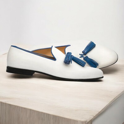 Handmade white & blue loafer leather shoes, men's moccasin shoes