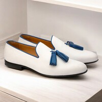 Handmade White & Blue Loafer Leather Shoes, Men's Moccasin Shoes - Thumbnail 2