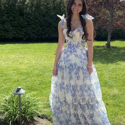 Special a-line floral pattern chiffon prom dresses