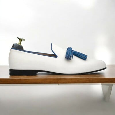 Handmade white & blue loafer leather shoes, men's moccasin shoes - Thumbnail 1
