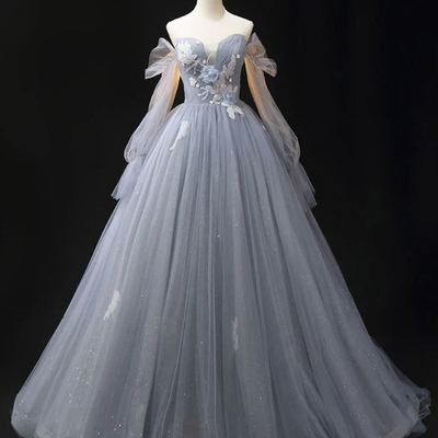 Gray blue tulle lace long sleeve evening party dress - Thumbnail 1