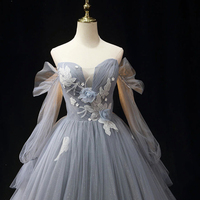 Gray Blue Tulle Lace Long Sleeve Evening Party Dress - Thumbnail 2