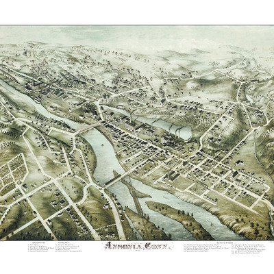 Ansonia, connecticut in 1875 - bird's eye view, aerial, panorama, vintage, antique, giclée, fine art, wall art, history