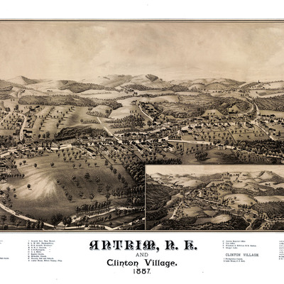 Antrim, nh & clinton village in 1887 - bird's eye view map, aerial, panorama, vintage, antique, reproduction, giclée, framable, fine art