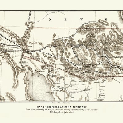 Proposed arizona territory in 1857 - bird's eye view, aerial panorama, vintage, antique map, reproduction, fine art, wall art, history