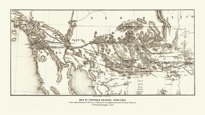 Proposed Arizona Territory in 1857 - Bird's Eye View, Aerial Panorama, Vintage, Antique Map, Reproduction, Fine Art, Wall Art, History