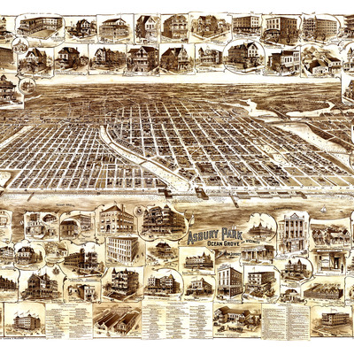Asbury park, ocean grove, new jersey and vicinity in 1897 - bird's eye view, map, aerial, panorama, vintage, antique, fine art, wall art