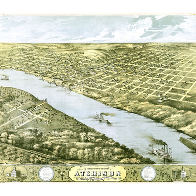 Atchison, kansas in 1869 - bird's eye view map, aerial, panorama, vintage, antique, reproduction, giclée, fine art, wall art, history