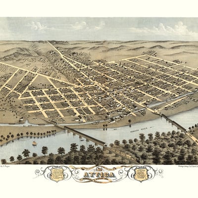 Attica, in in 1869 - bird's eye view map, aerial map, panorama, vintage map, antique map, reproduction, giclée, framable map, fine art