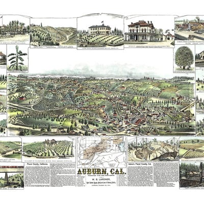 Auburn, california in 1887 - bird's eye view, map, aerial, panorama, vintage, antique, fine art, wall art, history