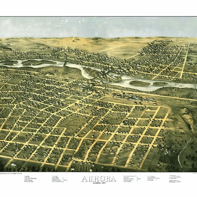 Aurora, illinois in 1867 - bird's eye view, map, aerial, panorama, vintage, antique, reproduction, giclée, fine art, wall art, history