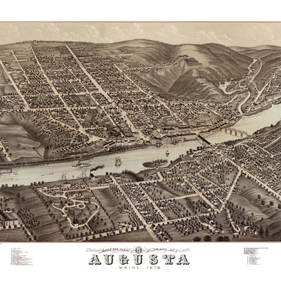 Augusta, maine in 1878 - bird's eye view map, aerial, panorama, vintage, antique, reproduction, giclée, framable, fine art