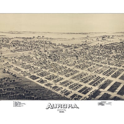 Aurora, missouri in 1891 - bird's eye view map, aerial, panorama, vintage map, antique, reproduction, giclée, fine art, wall art, history