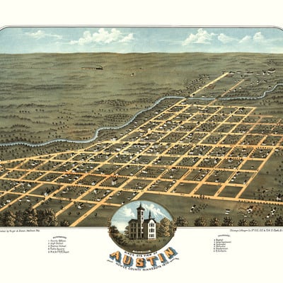 Austin, minnesota in 1870 - bird's eye view, aerial, panorama, vintage, antique map, reproduction, giclée, fine art, wall map, history