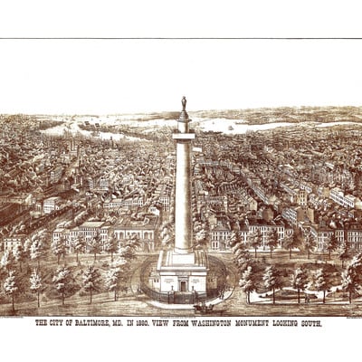 Baltimore, md in 1880 - view from washington monument looking south, bird's eye, aerial, panorama, vintage, antique, giclée, fine art