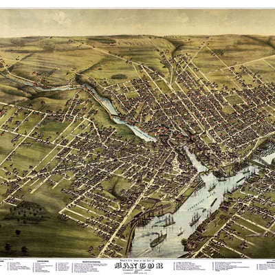 Bangor, maine in 1875 - bird's eye view map, aerial, panorama, vintage, antique, reproduction, giclée, framable, fine art