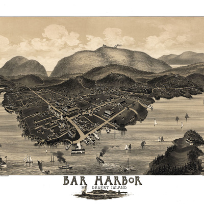 Bar harbor, maine in 1886 - bird's eye view map, aerial, panorama, vintage, antique, reproduction, giclée, framable, fine art