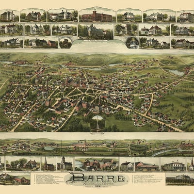 Barre, ma in 1891 - bird's eye view map, aerial map, panorama map, vintage map, antique map, reproduction, giclée, framable map, fine art