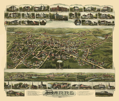 Barre, MA in 1891 - Bird's Eye View Map, Aerial Map, Panorama Map, Vintage Map, Antique Map, Reproduction, Giclée, Framable Map, Fine Art