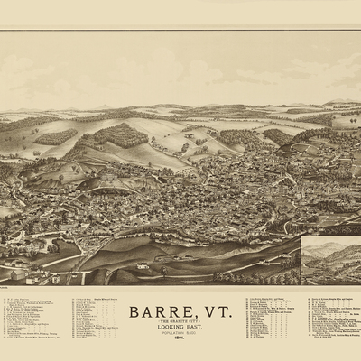Barre, vt in 1891 - bird's eye view map, aerial map, panorama, vintage map, antique map, reproduction, giclée, wall map, framable