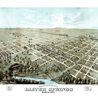 Baxter springs, kansas in 1871 - bird's eye view map, aerial, panorama, vintage, antique, reproduction, giclée, fine art, wall art, history