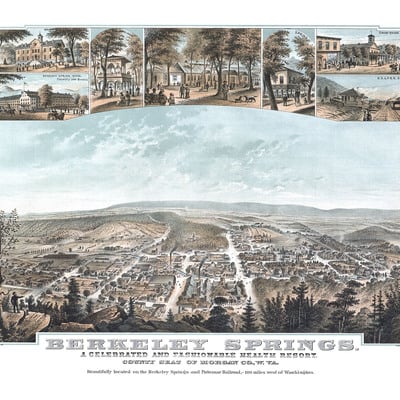 Berkeley springs, west virginia - bird's eye view, aerial map, panorama, vintage map, antique map, reproduction, giclée, fine art, wall art