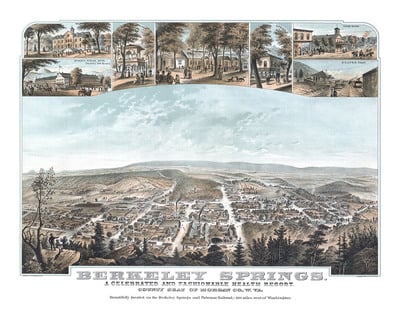 Berkeley Springs, West Virginia - Bird's Eye View, Aerial Map, Panorama, Vintage Map, Antique Map, Reproduction, Giclée, Fine Art, Wall Art