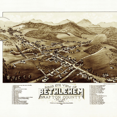 Bethlehem, nh in 1883 - bird's eye view map, aerial, panorama, vintage, antique, reproduction, giclée, framable, fine art