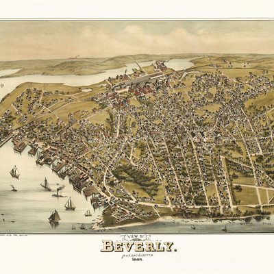 Beverly, ma in 1886 - bird's eye view map, aerial map, panorama map, vintage map, antique map, reproduction, giclée, framable map, fine art