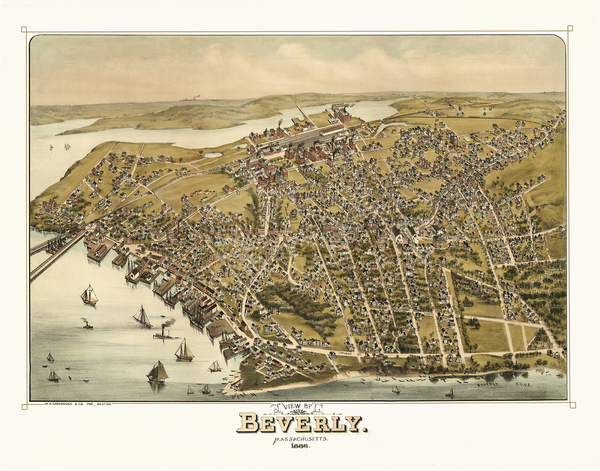 Beverly, MA in 1886 - Bird's Eye View Map, Aerial Map, Panorama Map, Vintage Map, Antique Map, Reproduction, Giclée, Framable Map, Fine Art