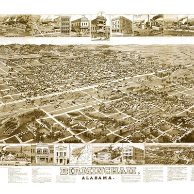 Birmingham, alabama in 1885 - bird's eye view map, aerial, panorama, vintage, antique, reproduction, giclée, fine art, wall map, history