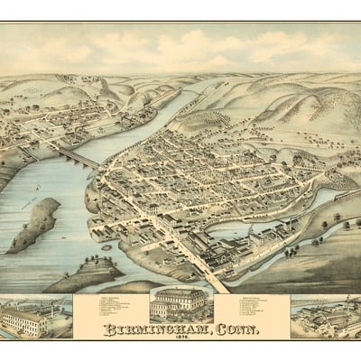 Birmingham, connecticut in 1876 - bird's eye view map, aerial, panorama, vintage, antique, giclée, fine art, wall art, history