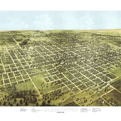 Bloomington, illinois in 1867 - bird's eye view, map, aerial, panorama, vintage, antique, reproduction, giclée, fine art, wall art, history