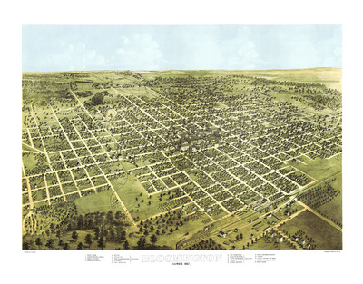 Bloomington, Illinois in 1867 - Bird's Eye View, Map, Aerial, Panorama, Vintage, Antique, Reproduction, Giclée, Fine Art, Wall Art, History