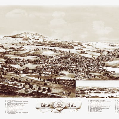 Blue hill, maine in 1896 - bird's eye view map, aerial, panorama, vintage, antique, reproduction, giclée, framable, fine art